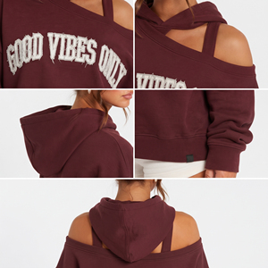 Women's <b>Off</b> The <b>Shoulder</b> Hooded <b>Sweatshirt</b> Custom Distressed Letter <b>Sweatshirt</b> <b>Off</b> the <b>Shoulder</b> Heavyweight 440 GSM Hooded - Product Image 6