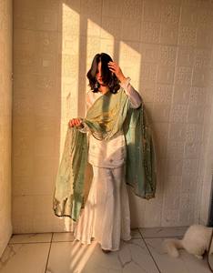 Women White <b>Kurti</b> Sharara Set with Red Dupatta – Elegant Embroidered Festive Wear Palazzo Suit for Wedding & Party - Product Image 5