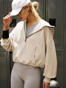 En gros Sweat à capuche court pour femme, pull demi-zip en polaire à manches longues avec cordon de serrage à la taille, coloris Olive, Crème, Noir, Rose, style Streetwear - Product Image 2