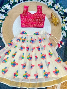 HENIXA CREATION Lehenga Choli para Niñas con Estampado de Aves de Diseño |   Conjunto de Falda y Top de Organza con Volantes, Corte Entallado, Premium Banaras |   Personalizado Regular - Product Image 3