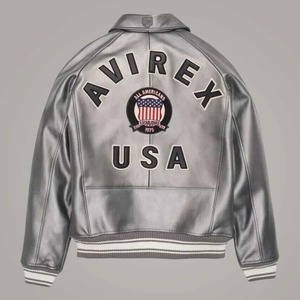 Avirex Silver <b>Sheepskin</b> Leather Flight Bomber <b>Jacket</b> for Men - Product Image 2