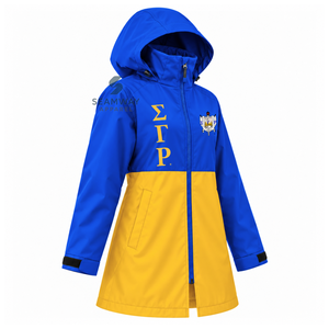 Chaqueta Impermeable con Capucha y Cierre de Cremallera para Mujer, Color Azul Dorado, Marca Sigma Gamma Rho, Cuello Alto, Manga Larga, Tipo Anorak para Exteriores - Product Image 2