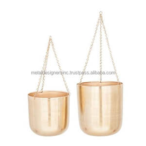 Jardinière suspendue en métal doré avec cintre en cuir pour décoration de maison et de jardin Pots de fleurs et jardinières - Product Image 4