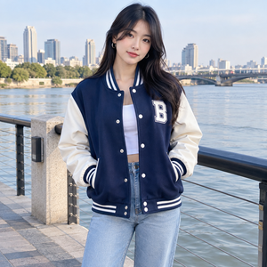 Blouson universitaire unisexe en coton, coupe classique, col montant, coupe-vent, avec patch lettres brodé et motif en relief, style preppy, automne - Product Image 1