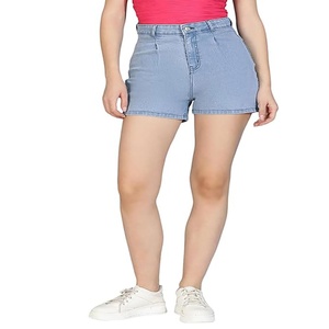 Shorts en jean taille haute pour femme, coupe bootcut, délavage moyen, coupe droite, couleur unie, imperméable, style vintage Y2K, fermeture boutonnée, idéal pour l'été - Product Image 1
