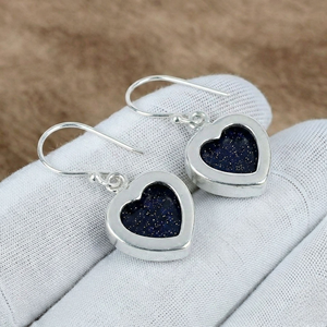 Pendientes Colgantes de Piedra Arenisca Azul Hechos a Mano, Plata de Ley 925, Corte Corazón, Estilo Boho para Mujer - Product Image 3
