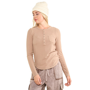 [veryjkor] VERY J - NEW IN - Soft brushed solid knit <b>top</b> Women Henley Neck <b>Long</b> <b>Sleeve</b> Casual Ribbed Pullover Shirt - Product Image 6