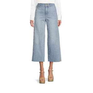 กางเกงยีนส์ขาบานทรงครอปสำหรับผู้หญิง รุ่น Wash พร้อมดีเทลมุก ดีไซน์เอวสูง สไตล์ลำลอง ราคาขายส่ง - Product Image 5