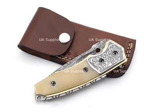 UA Supplies Industrial Grade Damascus Steel Folding <b>Knife</b> Clip Point Blade Thumb Knob Other <b>Handle</b> 7.5 Inches Overall Length - Product Image 6