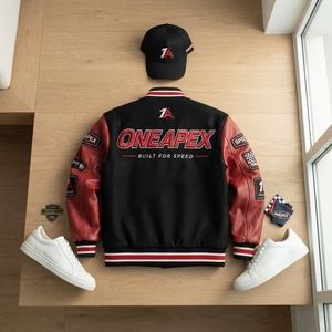 Blouson de course noir et rouge pour homme, style Letterman, brodé, streetwear, vente en gros - Product Image 4