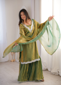 Elegant Fendy <b>Silk</b> <b>Kurta</b> Sharara Ensemble With Lace Neck Design Flowing Bottom Coordinated Dupatta Womens Occasion Fashion - Product Image 3