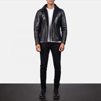 Chaqueta de Cuero Genuino de Piel de Oveja para Hombre, con Cuello Alto y Logotipo Frontal, Forro de Piel Negra, Regalo de Navidad