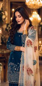 Conjunto de Salwar Kameez Pakistaní Moderno Bordado en Azul Turquesa de Lujo para Mujer, Verano/Invierno, Dupatta de Organza, Diseño para Fiestas - Product Image 4