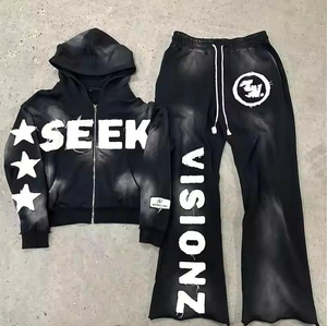 Custom Sweat suit Women's Two Piece Applique Distressed <b>Embroidery</b> Men's Tracksuit Sweatpants and Zip up Hoodies <b>Set</b> - Product Image 6
