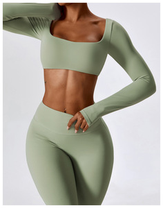 Women Solid Color Seamless Yoga Set <b>Square</b> <b>Neck</b> <b>Long</b> <b>Sleeve</b> Crop <b>Top</b> High Waist Full Length Leggings Sportswear 2 Piece - Product Image 2