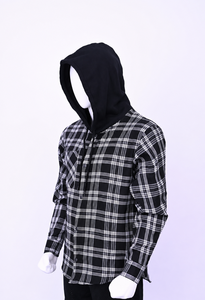 Wholesale Custom Men's Black White Plaid Hooded Flannel Long Sleeve Snap Button Casual Autumn Eco-Friendly Quick Dry OEM - Product Image 3