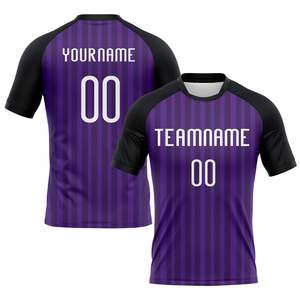ชุดเสื้อฟุตบอลลายทางสีม่วงพร้อมกางเกงขาสั้น พิมพ์ลายแบบ Sublimation ชื่อทีม หมายเลขผู้เล่น สำหรับผู้ใหญ่ทุกเพศทุกวัย ผ้าตาข่าย โพลีเอสเตอร์ 100% เหมาะสำหรับทุกฤดูกาล - Product Image 2