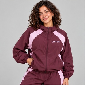 Private Label <b>Burgundy</b> <b>Womens</b> Windbreaker Jacket with Pink Shoulder Panels Hooded Zip Front and Gathered Hem for Retail Orders - Product Image 1