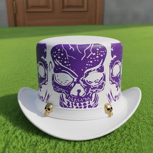 Sombrero de copa unisex de cuero blanco hecho a mano de alta calidad con calaveras moradas, estilo gótico steampunk, para cosplay y festivales. - Product Image 1