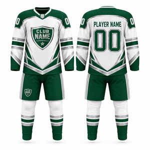 Conjunto de Jersey de Hockey Personalizado para Hombre, Verde y Blanco, Ropa Deportiva, Uniforme Completo para Todas las Temporadas, 100% Poliéster, Impresión por Transferencia de Calor - Product Image 1