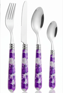 Ensemble de couverts à poignée florale en acier inoxydable, couteaux, fourchettes et cuillères, motif de fleurs violettes et blanches, passe au lave-vaisselle, pour un usage domestique - Product Image 3