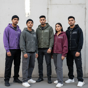 Sweat à capuche oversize streetwear délavé à l'acide avec logo sérigraphié, strass personnalisés, épaules tombantes, effet usé, unisexe, avec fermeture éclair - Product Image 1
