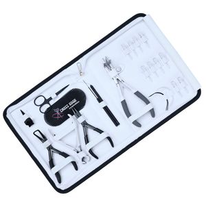 Kit d'outils pour extensions capillaires : Crochet de tirage, Outil à boucles, Pince à micro-perles, Pince de dépose, Coupe-extensions à la kératine, Aiguille pour extensions à bandes, Ciseaux, Clip - Product Image 1