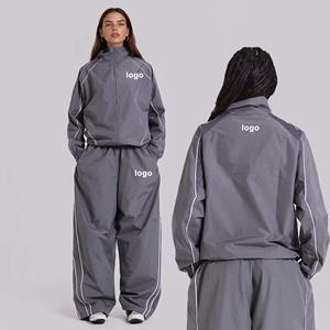 Custom Logo Oversized Tracksuit Unisex Vintage <b>Reflective</b> Piping Windbreaker <b>Jacket</b> Wide Leg Pants 2 Piece Streetwear Sport Set - Product Image 1