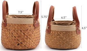 Natural <b>Woven</b> Seagrass Cylindrical <b>Basket</b> with Leather Handle Handmade Storage Tote Belly <b>Basket</b> for Plants Laundry Toys - Product Image 6