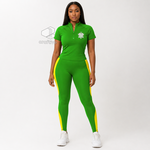 Chi Eta Phi Women's Workout Set Quarter Zip Top Short Sleeve High Waist <b>Leggings</b> With Contrast Yellow <b>Stripe</b> Sports Activewear - Product Image 6