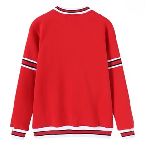 Sudadera unisex roja con cuello redondo y rayas blancas y negras, manga larga, informal, 100% algodón, para universidades y colegios. - Product Image 3