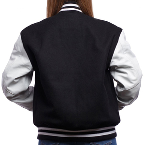 Veste universitaire pour femme 100% laine écologique noire et blanche à manches longues, col montant boutonné, couleur unie, design contrastant, coupe classique - Product Image 6