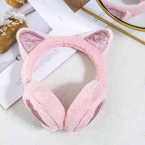Bandeau d'oreilles de chat violet en peluche avec intérieur scintillant rose – Accessoires chauds et douillets pour l'hiver - Product Image 2