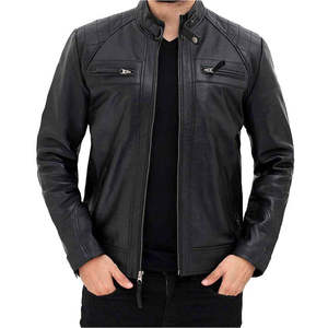 Veste en cuir noire pour homme avec fermeture éclair et coupe ajustée, veste d'hiver élégante en cuir pour homme avec col rabattable - Product Image 1