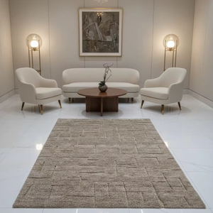Tapis de salon moderne fait main de style marocain, en laine beige épaisse, à poils ras, tissage plat, géométrique texturé - Product Image 1