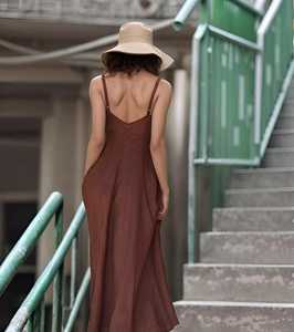 Vestido Maxi de Lino Marrón para Mujer, Sin Mangas, Cuello Cuadrado, Corte en A, Fluido, Casual de Verano - Product Image 2