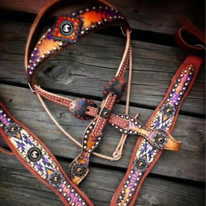 Latest DD Leather Horse Riding Equipment-Hand <b>Painted</b> Head Stall Breast Collar Reins Set Assorted Leather Colors - Product Image 1