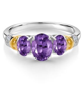 แหวนเงินแท้ 925 ชุบทอง 14K ประดับด้วยอเมทิสต์และมอสซาไนต์ 3 เม็ด สำหรับผู้หญิง - เครื่องประดับสำหรับงานแต่งงานและงานปาร์ตี้ - Product Image 2