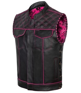 Chaleco de Motociclista para Hombre, de Cuero Genuino Ecológico, con Patrón a Cuadros Acolchado, Costuras Negras y Rosas, Cierre de Cremallera, Sin Cuello - Product Image 3