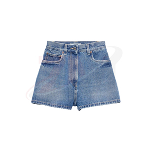 Shorts de Mezclilla de Cintura Alta para Mujer, Estilo Casual de Verano, Color Azul Sólido, Corte Recto, Ajuste Regular, con Bolsillos - Product Image 1