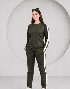 Chándal de Manga Larga Verde Oliva para Mujer con Rayas Blancas, de Secado Rápido, Cuello Redondo Deportivo, Corte Regular, para Primavera - Product Image 2