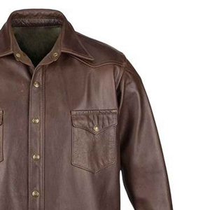 <b>Men's</b> <b>Brown</b> Leather Long Sleeve Button Down <b>Shirt</b> leather wear Style Turn-down Collar Solid Color Full Sleeve Autumn Wear - Product Image 2