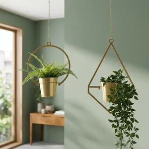 Macetas Colgantes de Metal Dorado con Marcos Geométricos |   Modernos Soportes de Pared para Plantas, Decoración de Interiores para el Hogar, Sala de Estar - Product Image 6