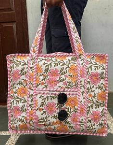 Hand Block Print Cotton Quilted Tote <b>Bag</b>, <b>Boho</b> Floral Beach Shoulder <b>Bag</b> Cotton Tote <b>Bag</b> Zipper Closure Quality Beach <b>Bag</b> - Product Image 2