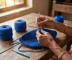 Blue <b>Braided</b> Handmade Purse Ethnic Stylish Pearl Two Straps Purse Boho Shoulder Bag Cotton <b>Cord</b> Weaving for Women's - Product Image 5