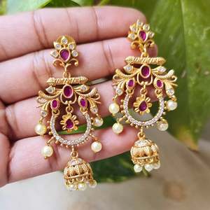 Gold Plated Pearl Stud Drop Earrings-Vintage Religious Geometric Heart Design - Product Image 1