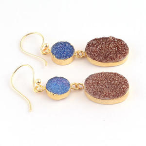 Stylish sugar agate druzy <b>dangle</b> <b>earrings</b> handmade <b>gold</b> electroplated brass gemstone hook jewelry Wholesale stone ear adornment - Product Image 1