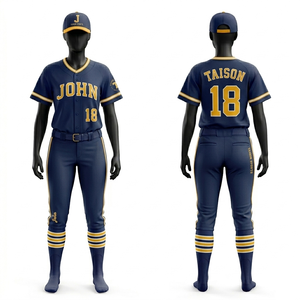 Uniforme de Béisbol para Mujer, 180 GSM, Poliéster Premium Transpirable, Rayas Blancas sobre Azul Marino, Paneles Dorados en las Mangas, Logotipo Personalizado en Tela Tackle Twill - Product Image 4