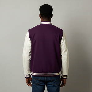 Men's Purple And Cream Varsity Jacket With <b>Button</b> Closure Regular Fit Casual Style Stand Collar Solid Color Cotton Lining - Product Image 4