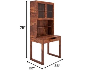 <b>Solid</b> <b>Wood</b> Home Office Desk with Glass Door Hutch | Tall Study Table with <b>Bookcase</b> | Jodhpur Export - Product Image 2
